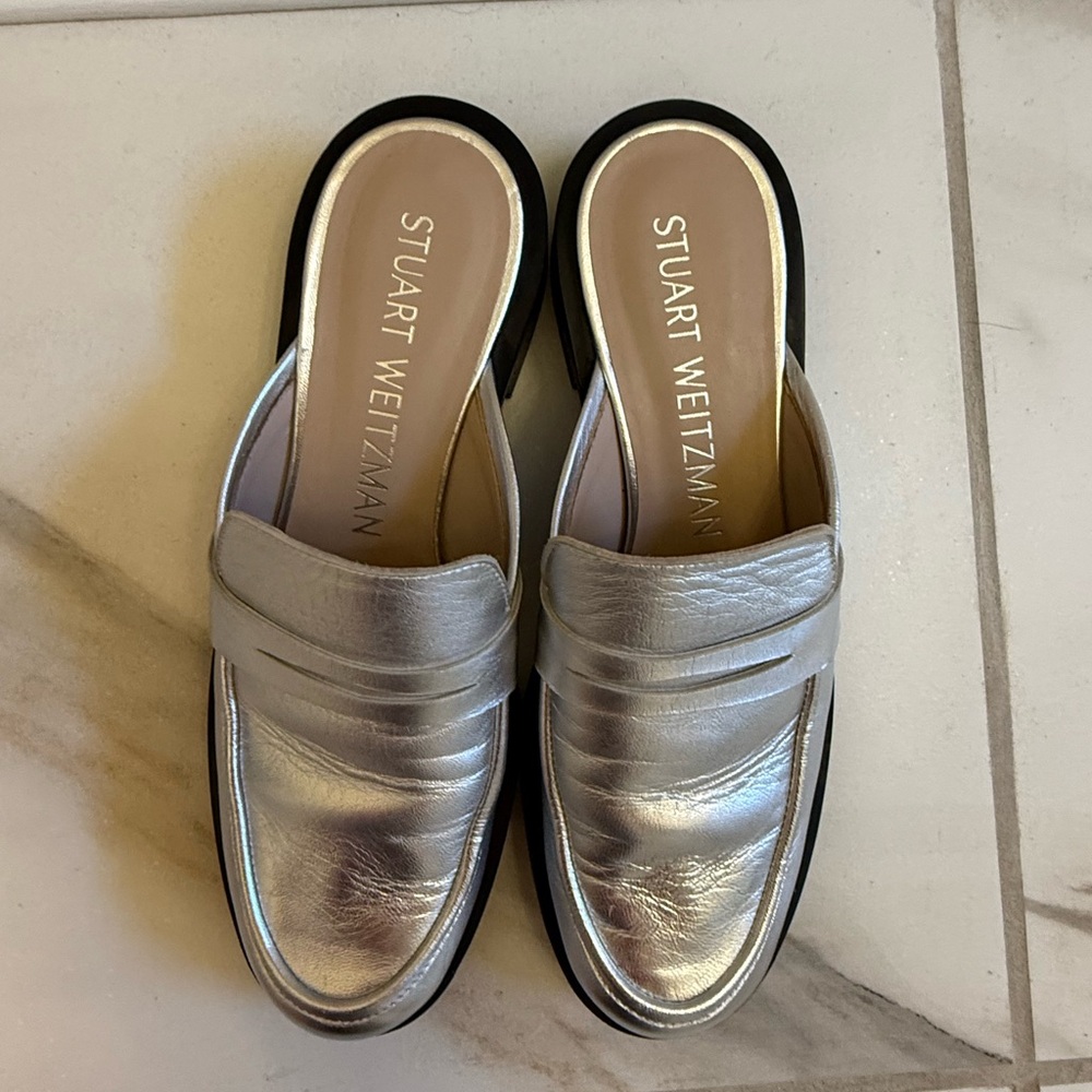 Stuart Weitzman Metallic Silver Leather Slip-On Loafers